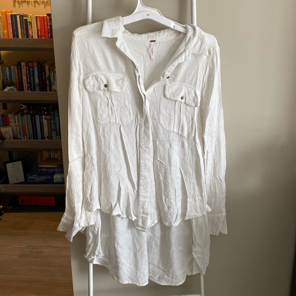 Free People White Waffle Print Button Up Shirt Size M